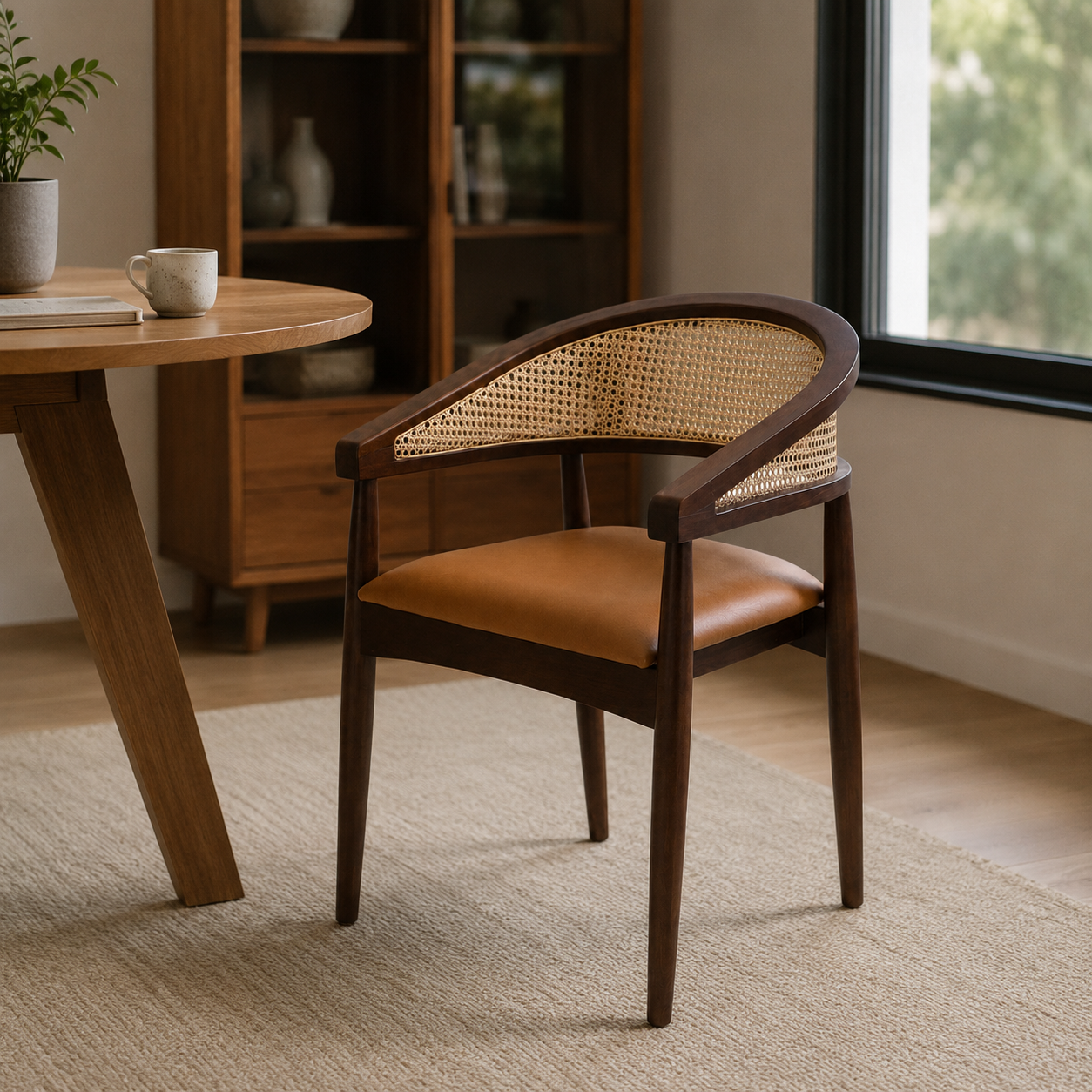 Sheesham Wood Dining Chair with Rattan Backrest