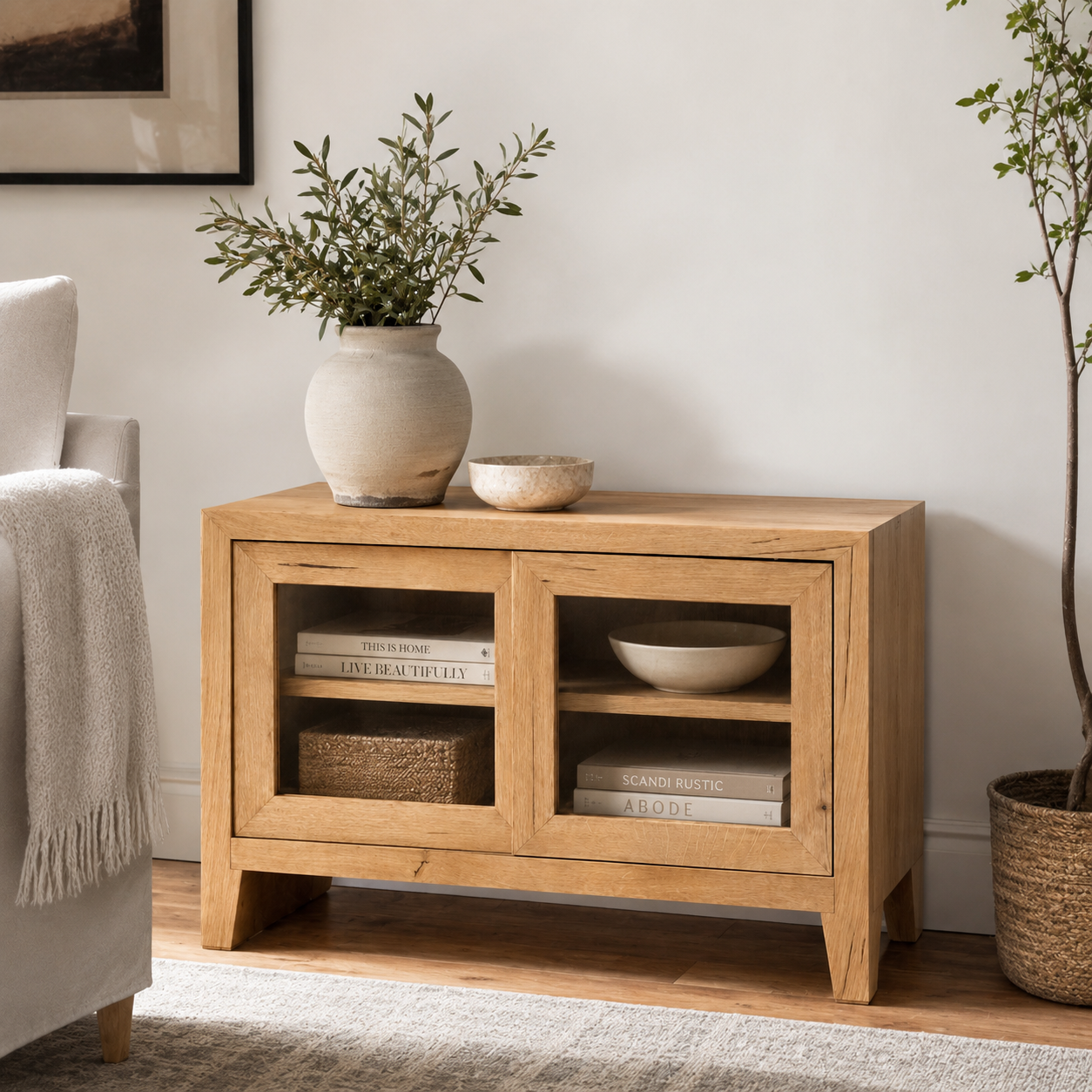 Solid Oak Glass Sideboard Cabinet