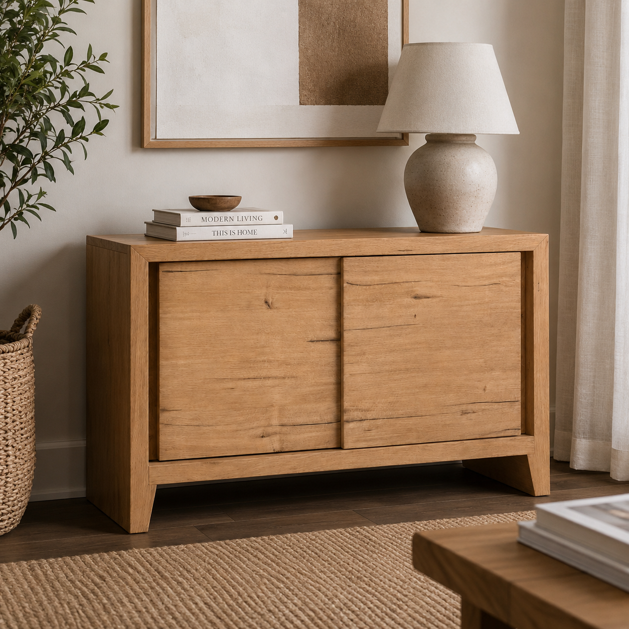 Solid Oak Double Door Sideboard Cabinet