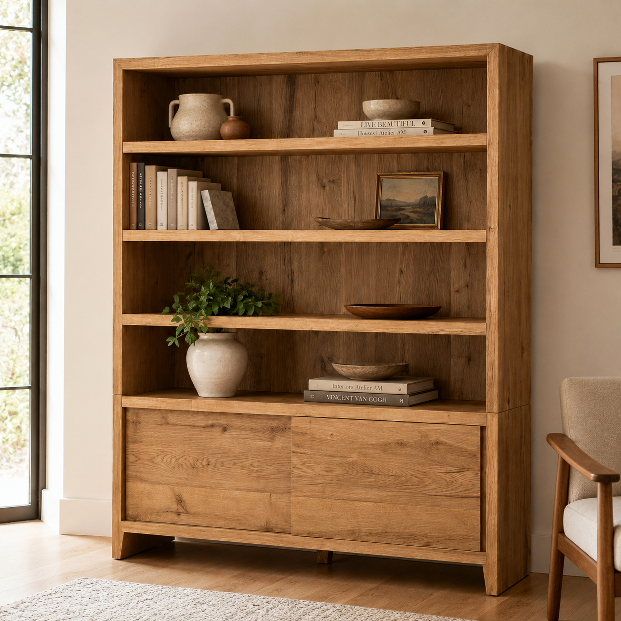 Solid Oak Bookcase Cabinet