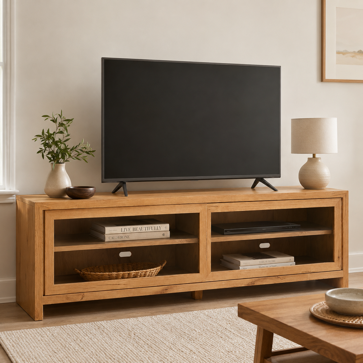 Solid Oak Glass Sideboard Cabinet