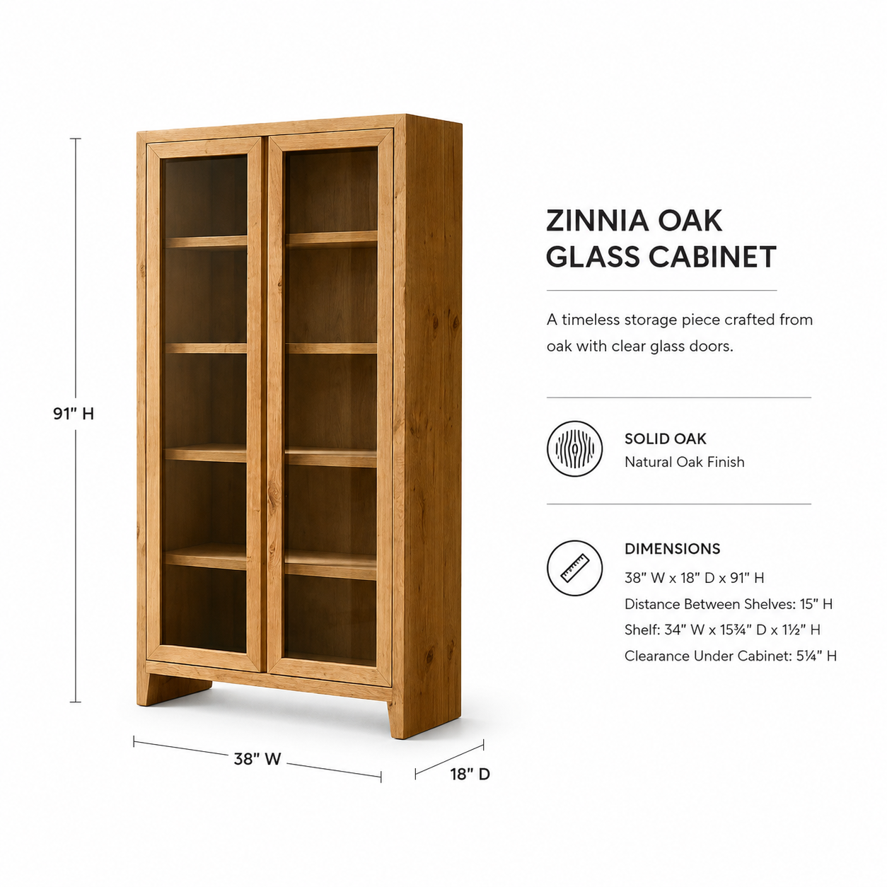 Solid Oak Glass Display Cabinet