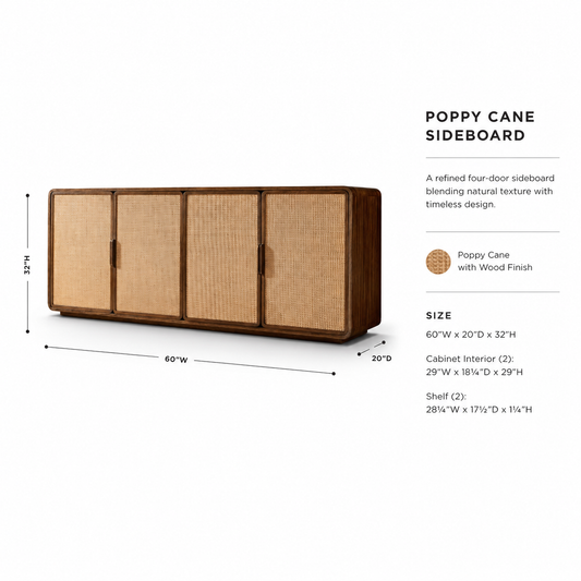 Poppy Cane Sideboard 60 Inch Solid Wood Buffet Cabinet