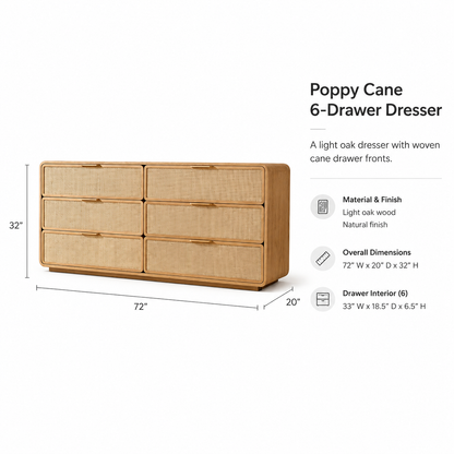 Poppy Cane 6-Drawer Dresser