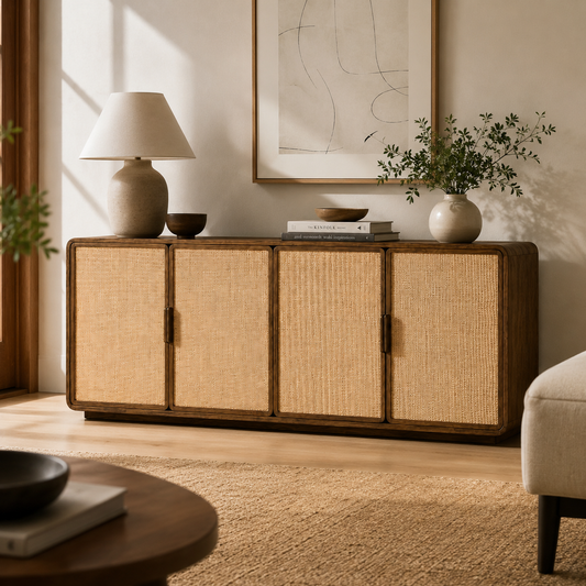 Poppy Cane Sideboard 60 Inch Solid Wood Buffet Cabinet