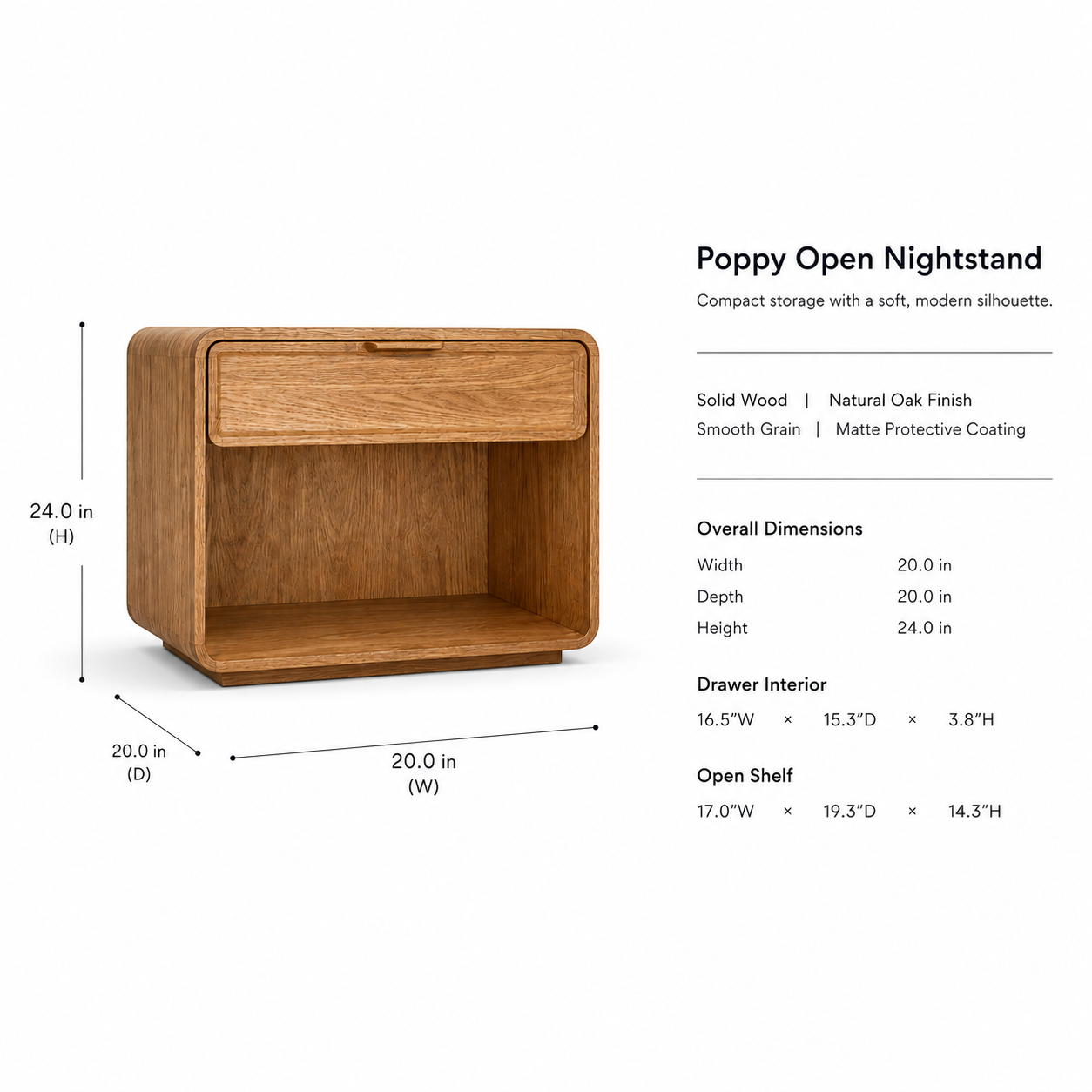 Solid Wood Open Nightstand with Drawer
