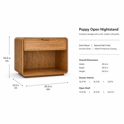 Solid Wood Open Nightstand with Drawer