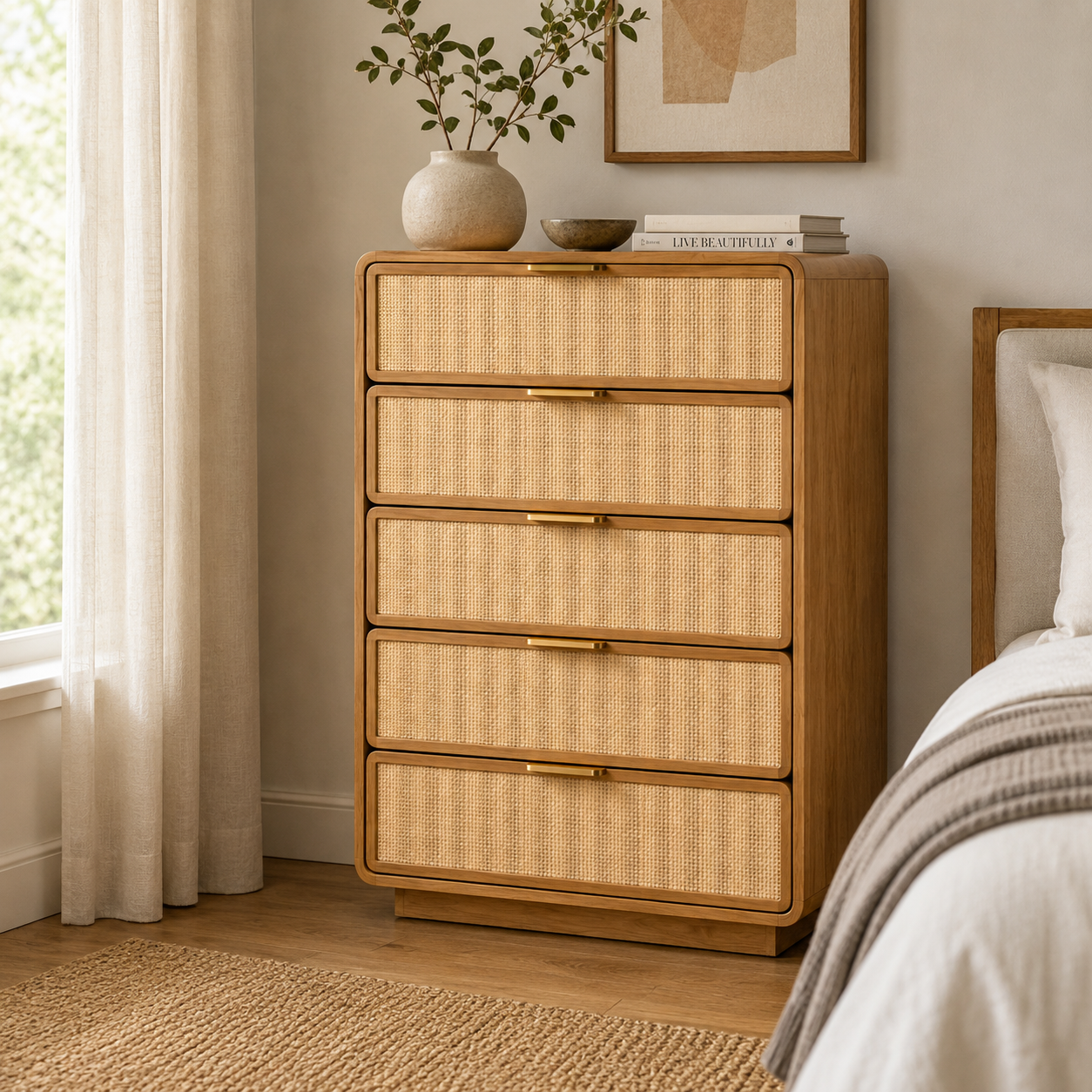 Poppy Cane Narrow 5-Drawer Dresser