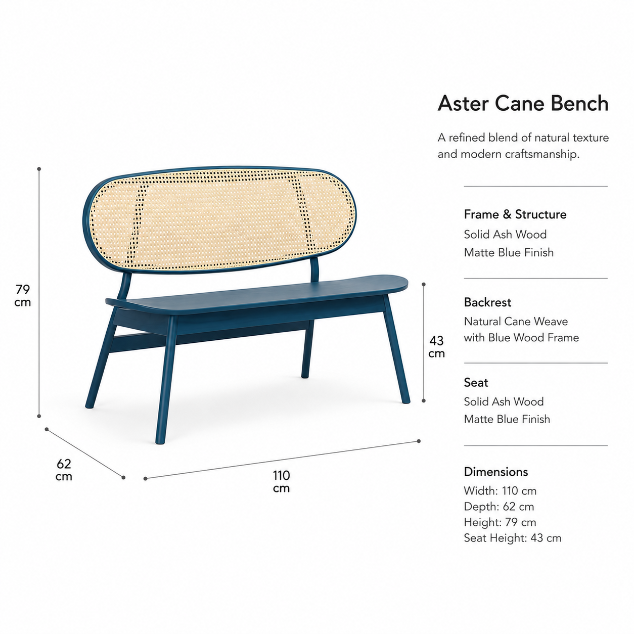 Modern Ash Wood Cane Bench