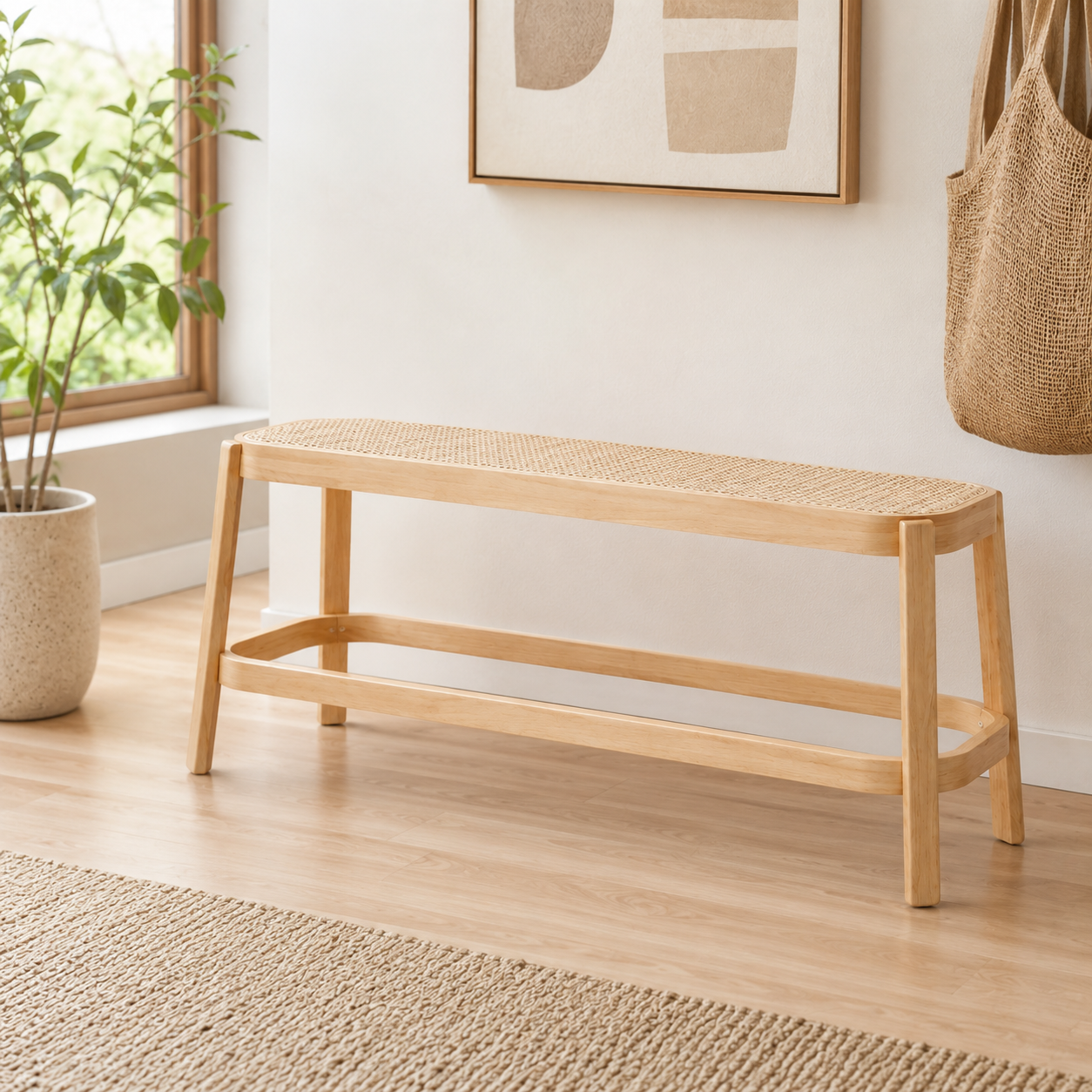 Solid Ash Wood Cane Bench