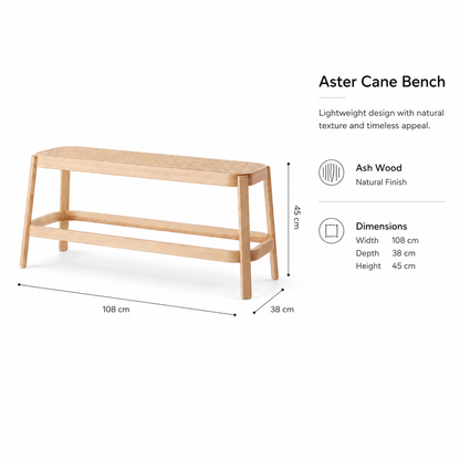 Solid Ash Wood Cane Bench