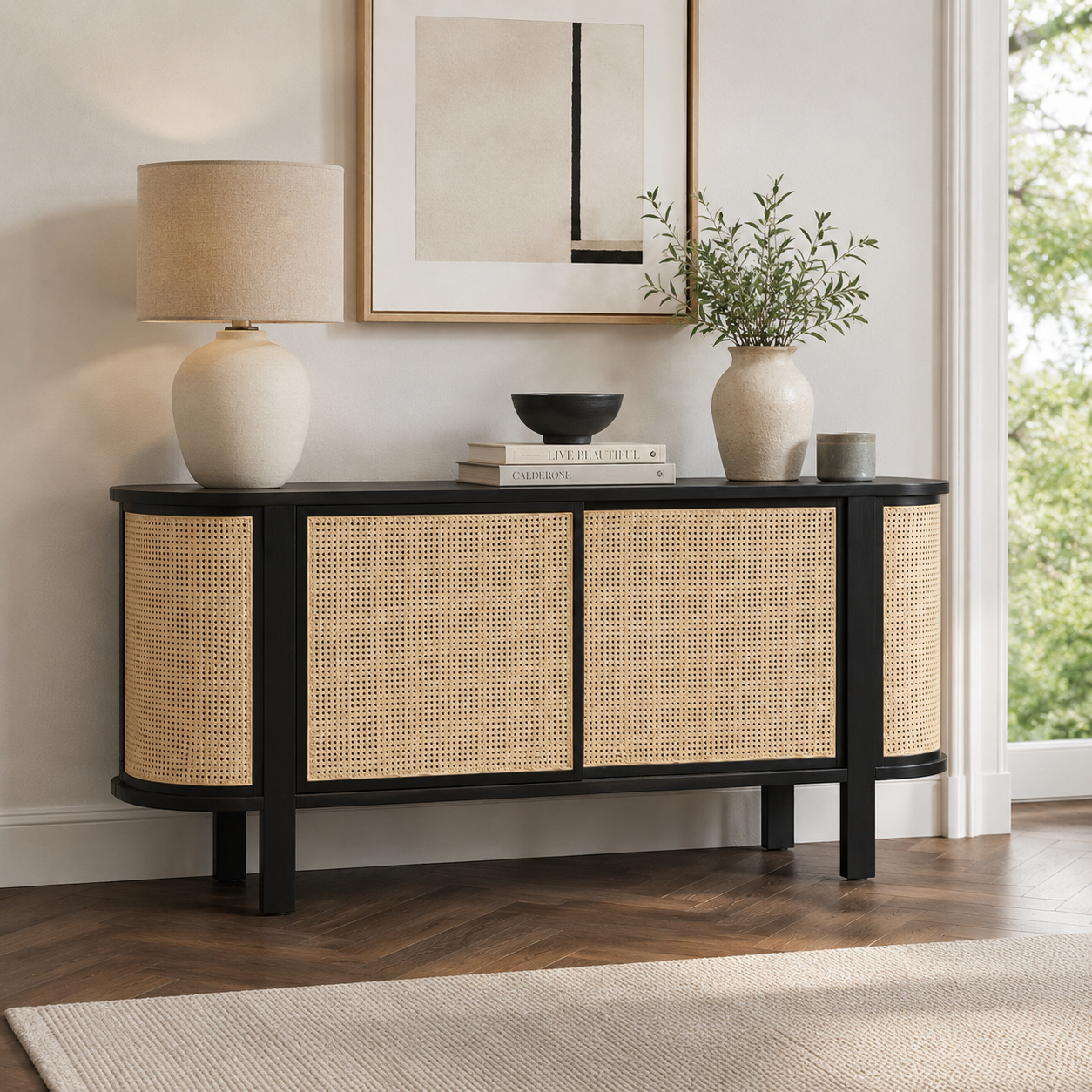 Solid Ash Wood Cane Console Cabinet