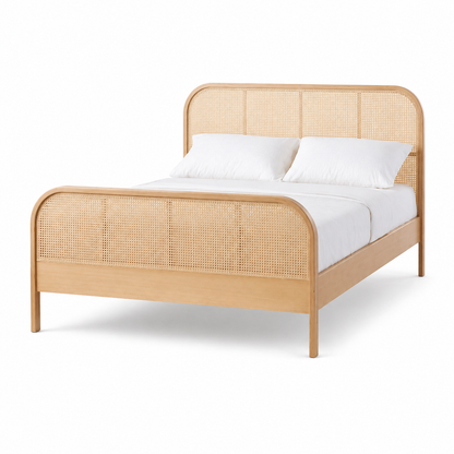 Solid Ash Wood & Natural Rattan Bed Frame