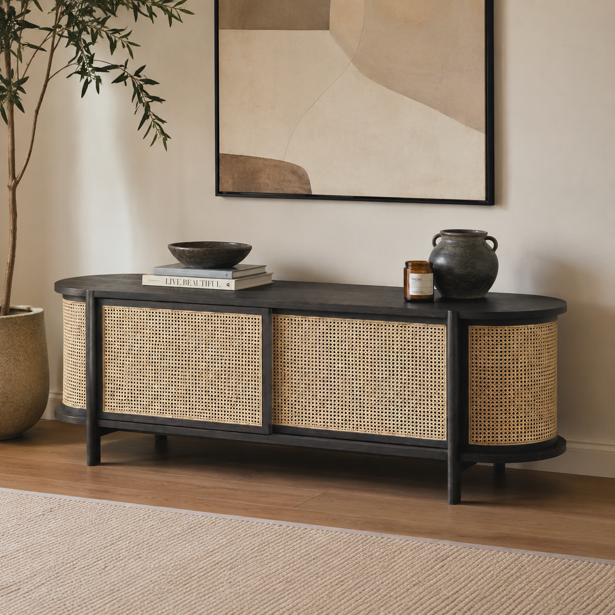 Solid Ash Wood Cane Low Cabinet