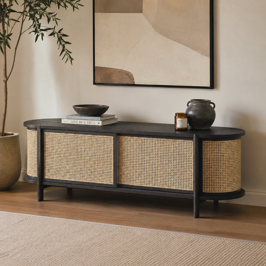 Solid Ash Wood Cane Low Cabinet