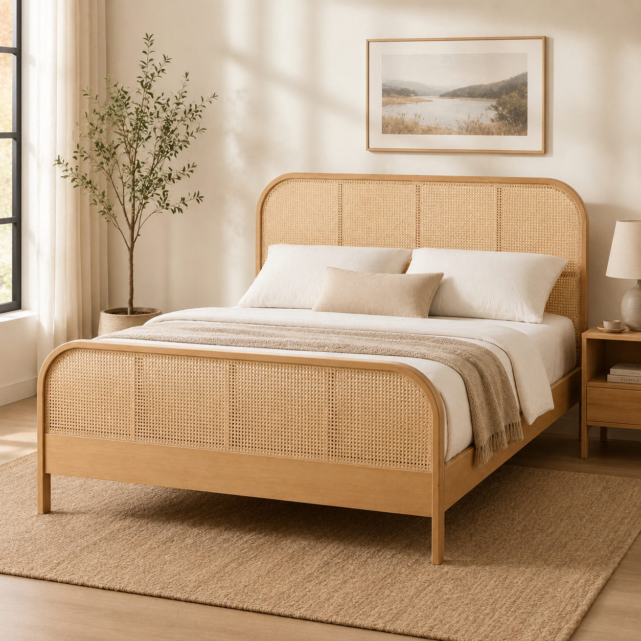Solid Ash Wood & Natural Rattan Bed Frame