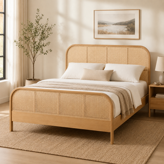 Solid Ash Wood & Natural Rattan Bed Frame