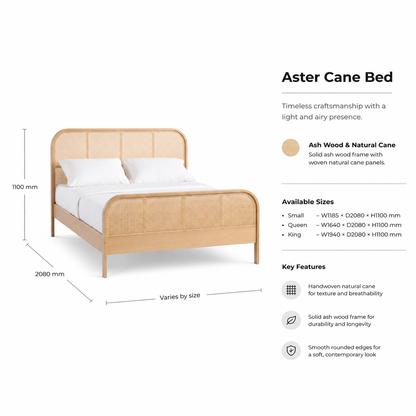Solid Ash Wood & Natural Rattan Bed Frame