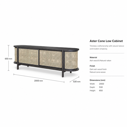Solid Ash Wood Cane Low Cabinet