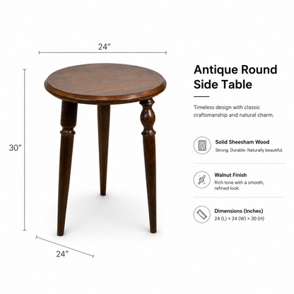 Antique Sheesham Wood Round Side Table