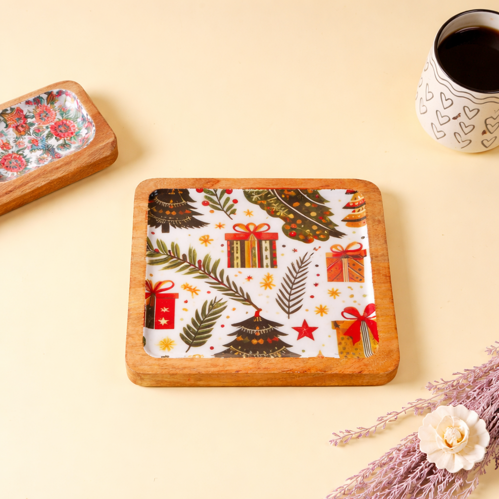 Christmas Theme Wooden Serving Tray | Festive Decorative Tray