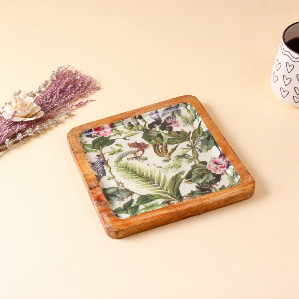 Jungle Theme Wooden Serving Tray | Tropical Decorative Snack Tray
