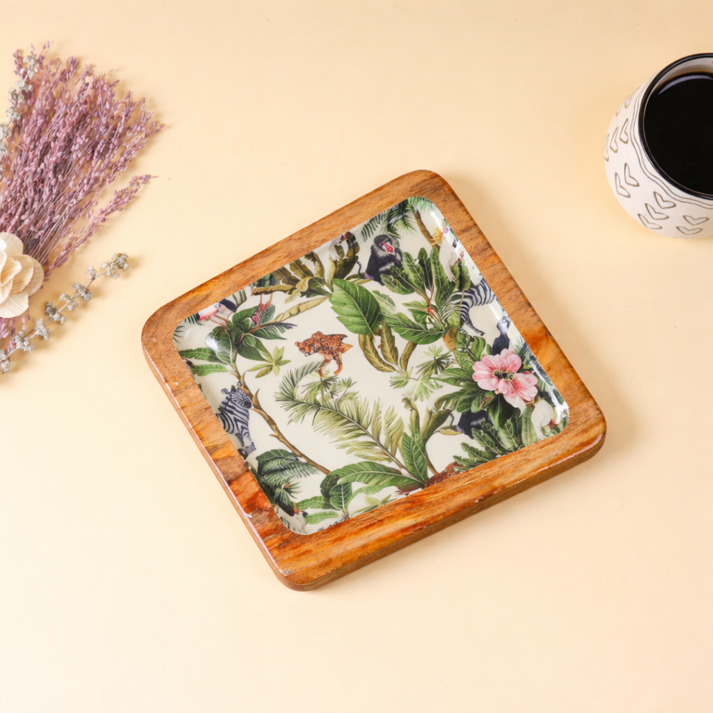 Jungle Theme Wooden Serving Tray | Tropical Decorative Snack Tray