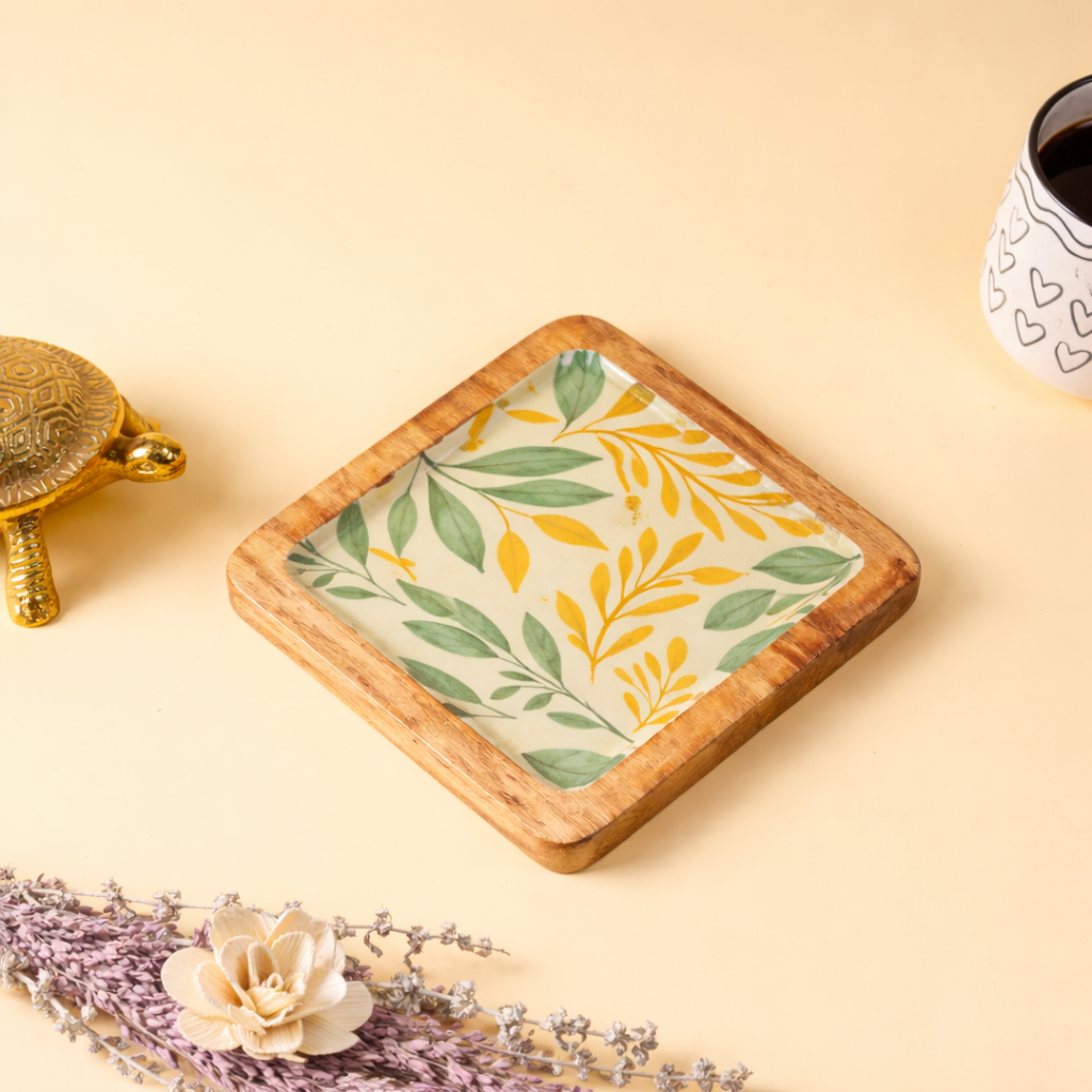 Botanical Leaf Wooden Coaster with Decal Design | Decorative Square Drink Coaster for Coffee & Tea Cups