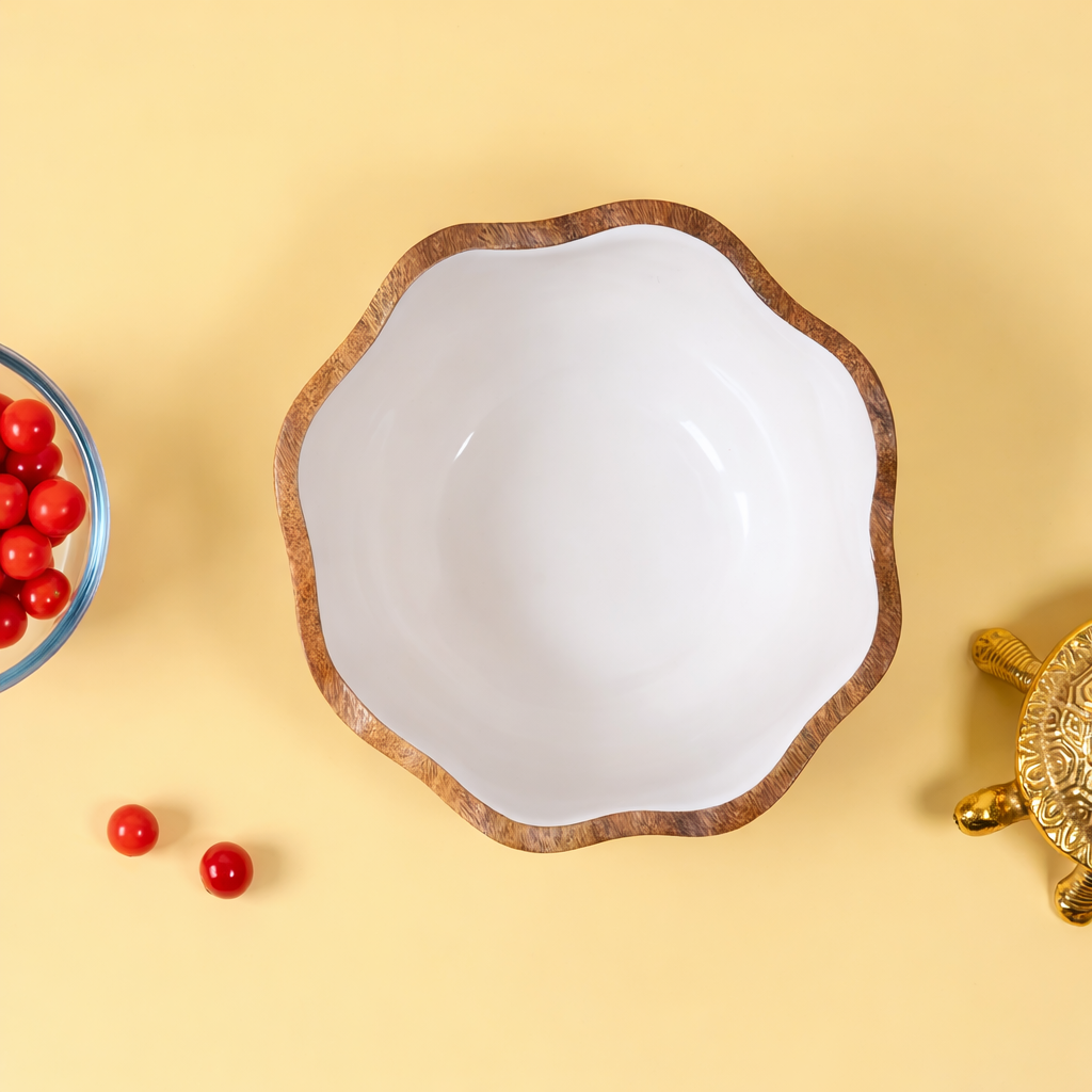 Handcrafted Wooden Bowl with Decorative Decaling | Scalloped Serving & Fruit Bowl