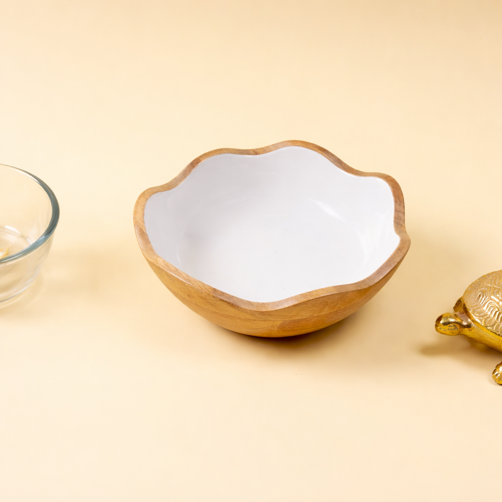 Handcrafted Wooden Bowl with Decorative Decaling | Scalloped Serving & Fruit Bowl