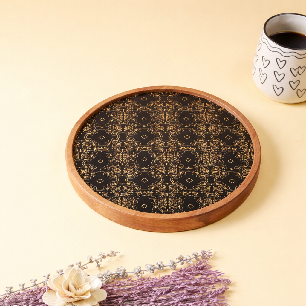 Round Wooden Serving Tray with Decorative Decaling | Elegant Snack & Tea Serving Platter