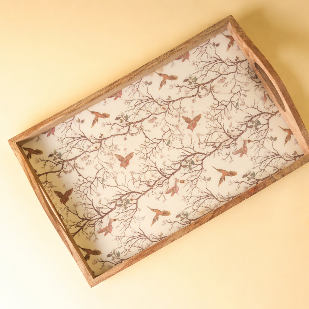 Handcrafted Wooden Serving Tray with Bird Pattern Decal