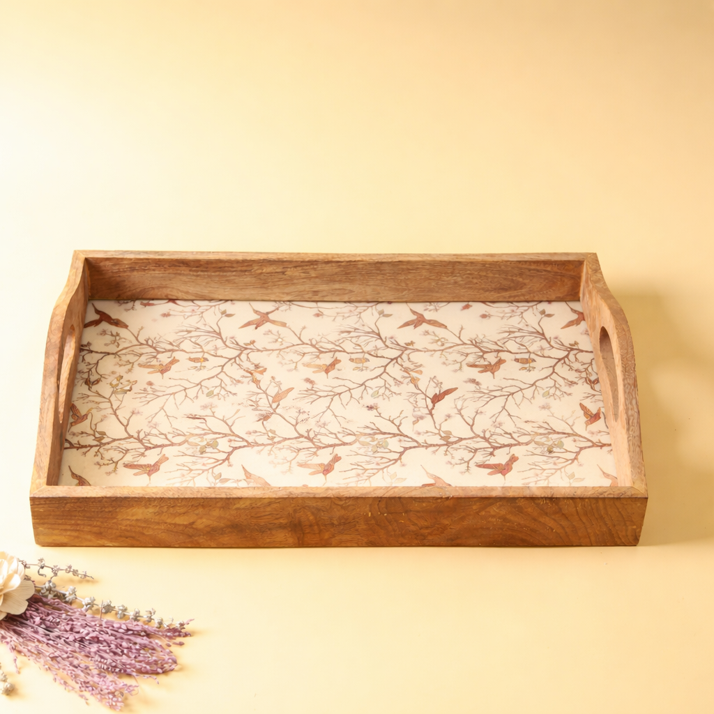 Handcrafted Wooden Serving Tray with Bird Pattern Decal