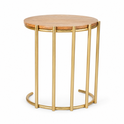 Modern Round Side Table with Wooden Top & Gold Metal Base