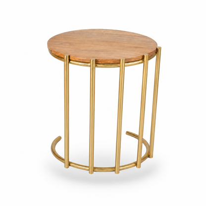 Modern Round Side Table with Wooden Top & Gold Metal Base