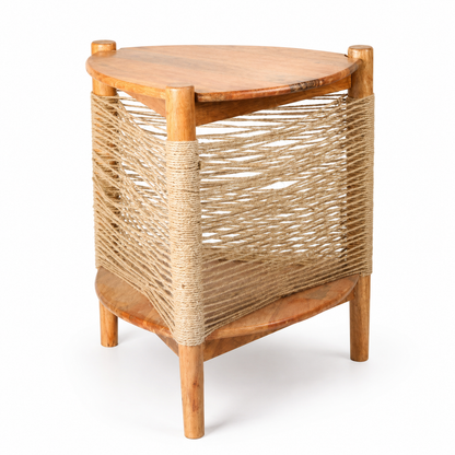 Boho Wooden & Woven Rope Side Table