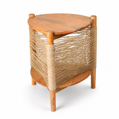 Boho Wooden & Woven Rope Side Table