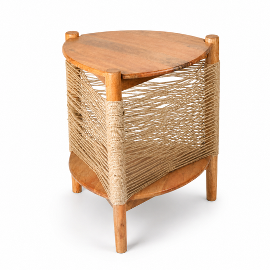 Boho Wooden & Woven Rope Side Table