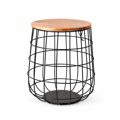 Set of 2 Industrial Wire Basket Side Tables with Wooden Tops