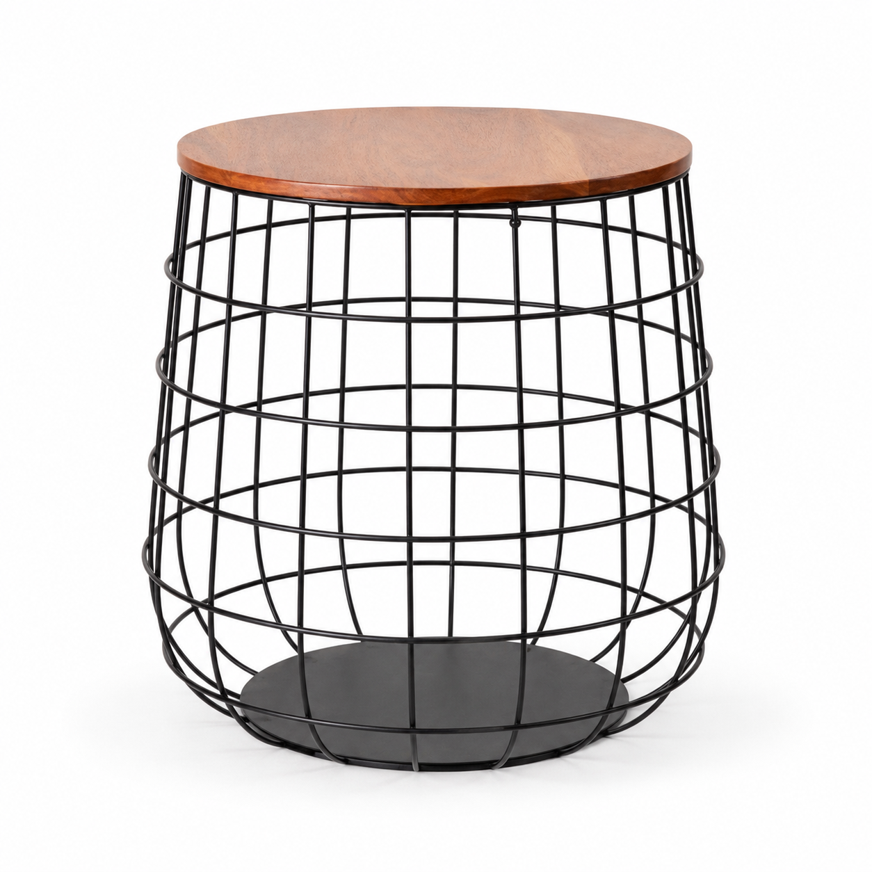 Set of 2 Industrial Wire Basket Side Tables with Wooden Tops