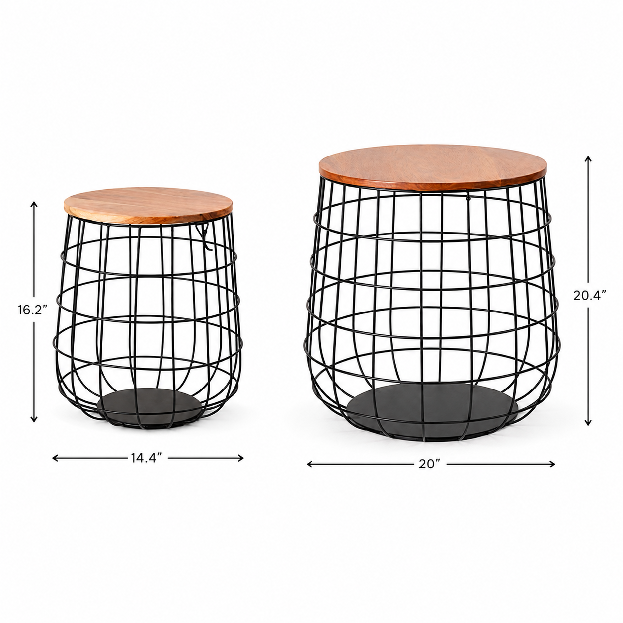 Set of 2 Industrial Wire Basket Side Tables with Wooden Tops