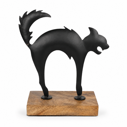 Black Cat Decorative Sculpture with Wooden Base