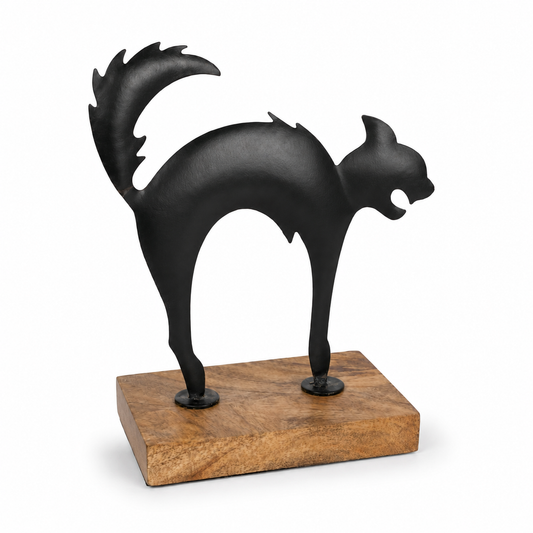 Black Cat Decorative Sculpture with Wooden Base
