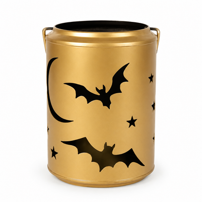 Gold Halloween Candle Lantern Holder with Bat & Moon Cutouts