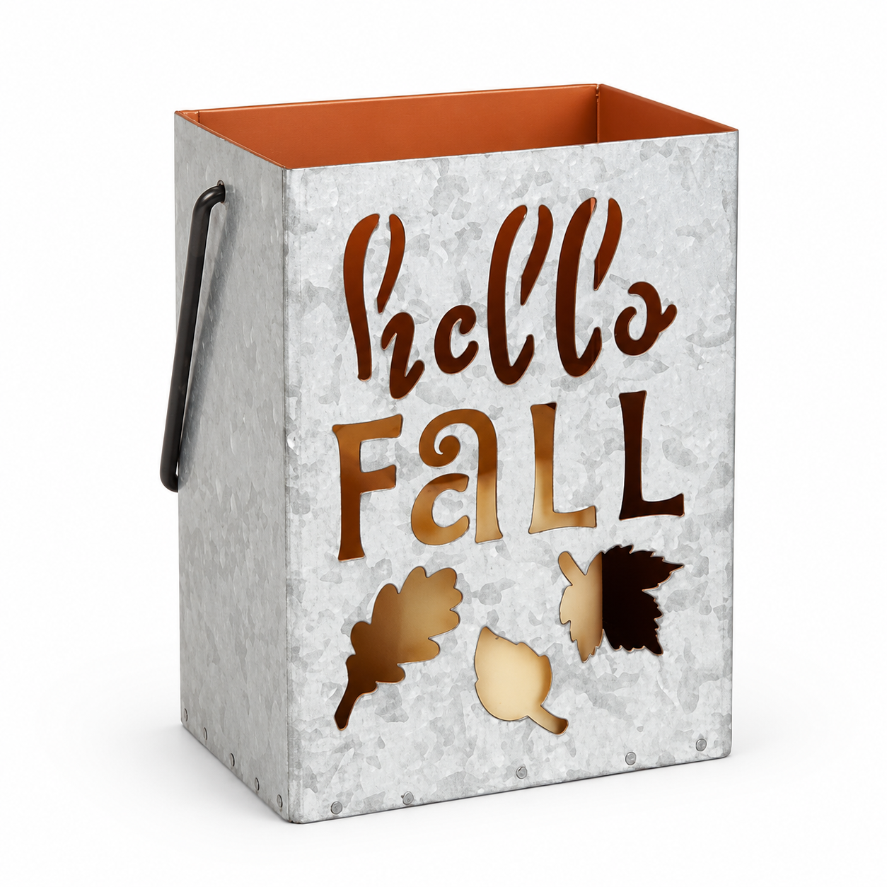 Galvanized Metal “Hello Fall” Lantern Bucket
