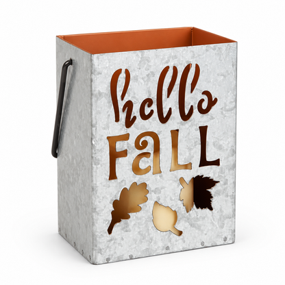 Galvanized Metal “Hello Fall” Lantern Bucket