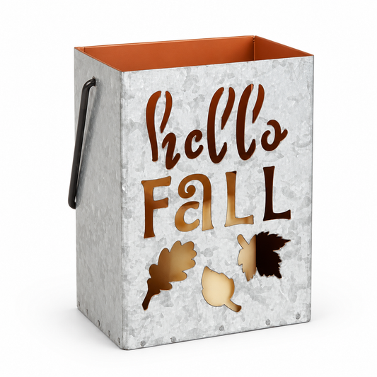 Galvanized Metal “Hello Fall” Lantern Bucket