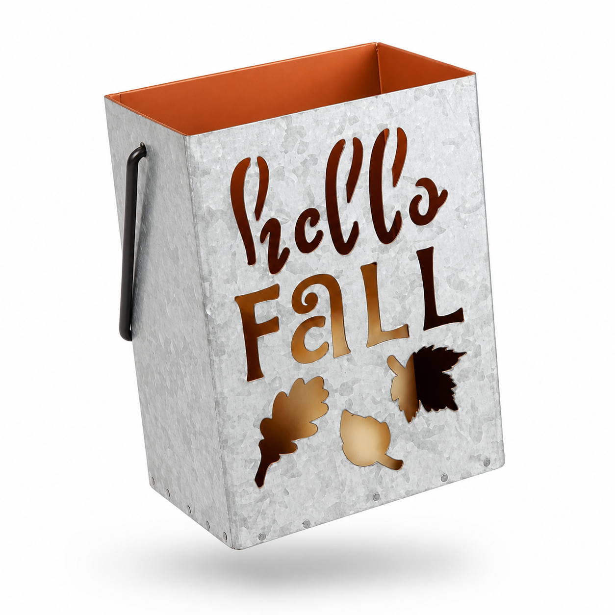 Galvanized Metal “Hello Fall” Lantern Bucket
