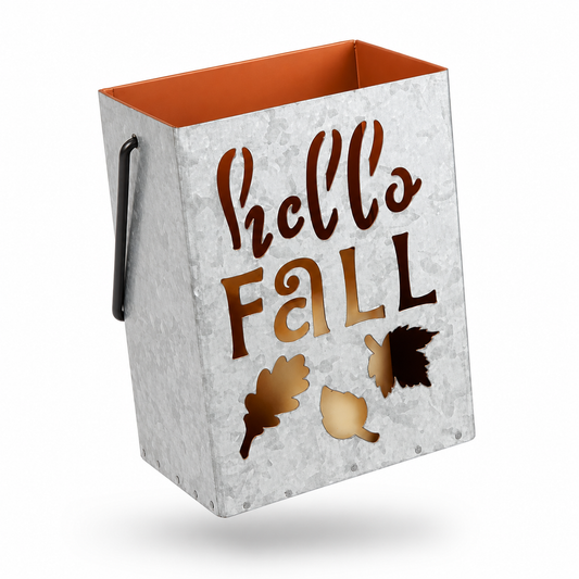Galvanized Metal “Hello Fall” Lantern Bucket