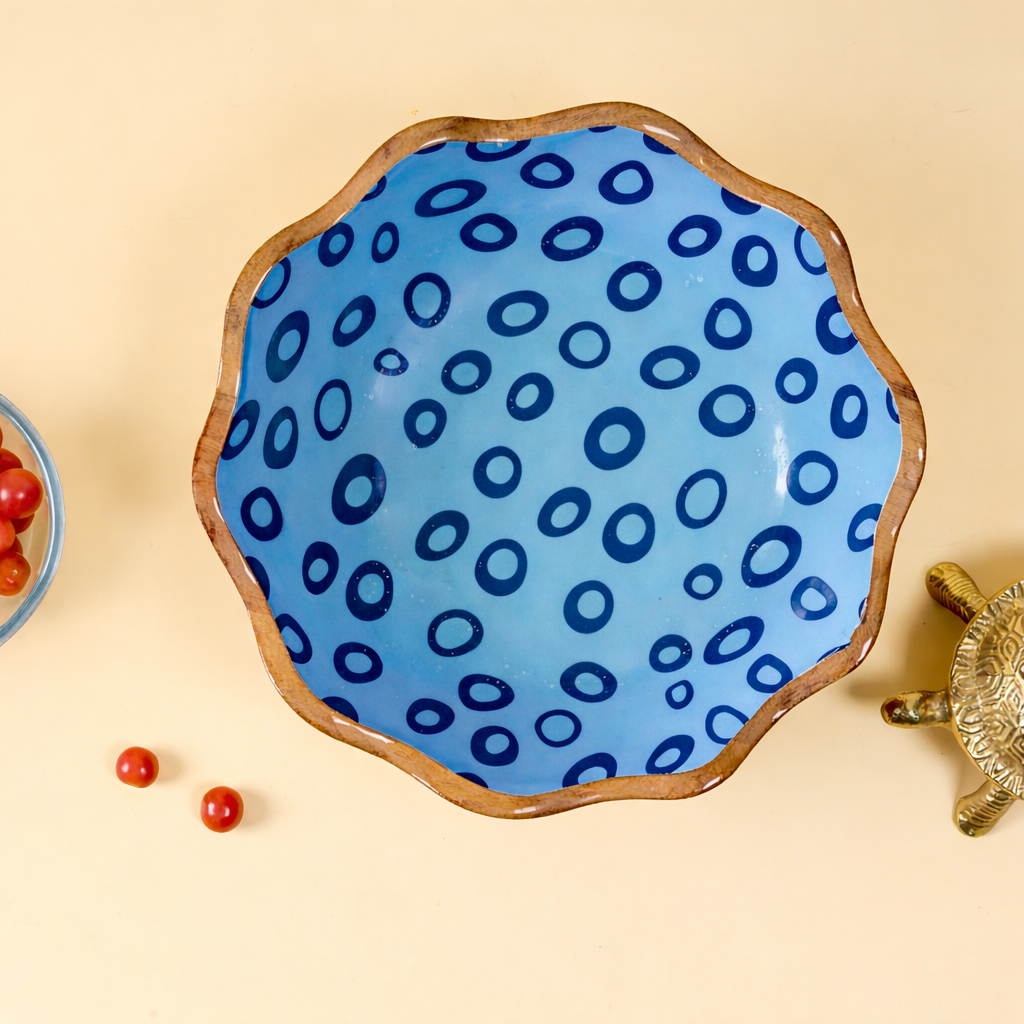 Handcrafted Wooden Bowl with Blue Decal Design | Decorative Serving Bowl